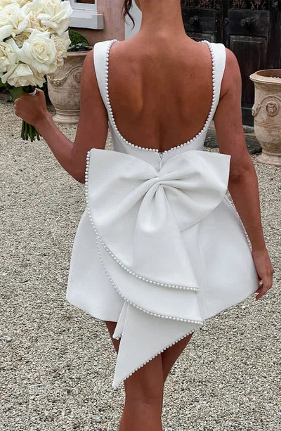 Elegant Pearl Bow Backless Sexy Mini Dress Women's Luxury Party Short Dresses White Black Pink Birthday Evening Wedding Summer