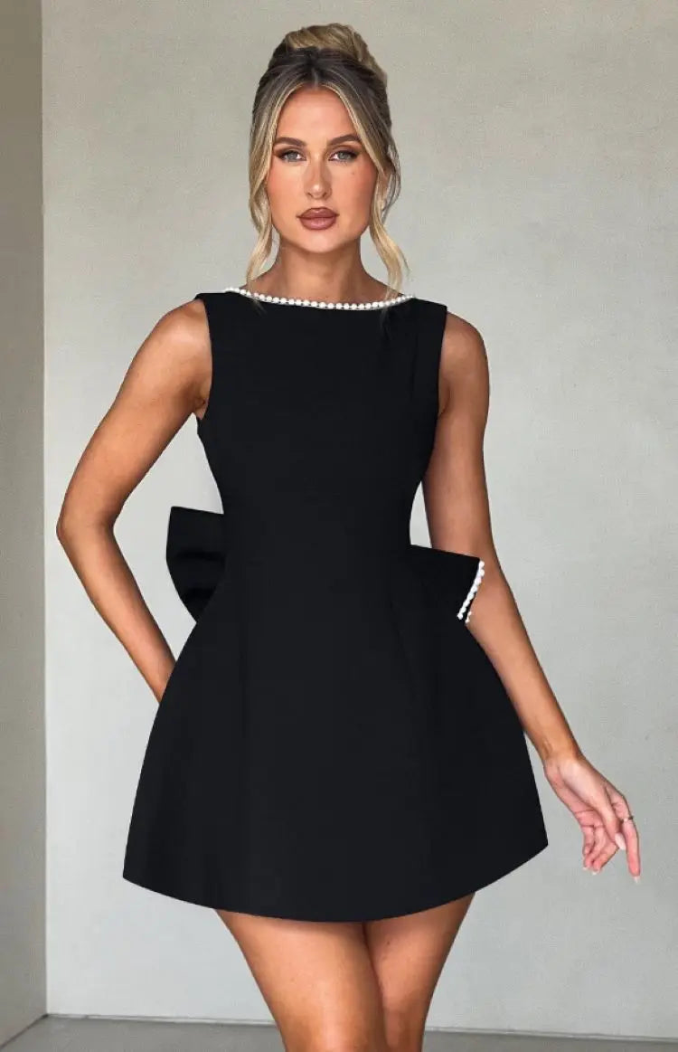 Elegant Pearl Bow Backless Sexy Mini Dress Women's Luxury Party Short Dresses White Black Pink Birthday Evening Wedding Summer