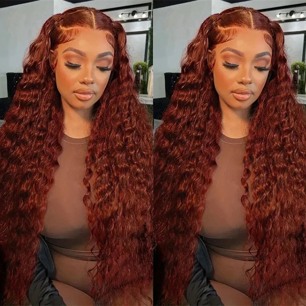 Reddish Brown Deep Curly Lace Frontal Wigs 13x4 13x6 Lace Frontal Human Hair Wigs Deep Wave Fall Colored Human Hair Lace Wigs